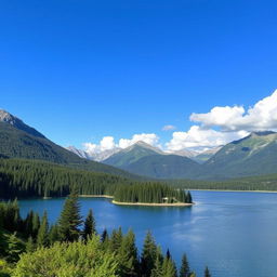 A beautiful landscape featuring a serene lake surrounded by lush green forests and majestic mountains in the background