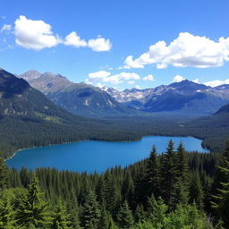 A beautiful landscape featuring a serene lake surrounded by lush green forests and majestic mountains in the background