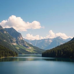 A beautiful landscape featuring a serene lake surrounded by lush green forests and majestic mountains in the background