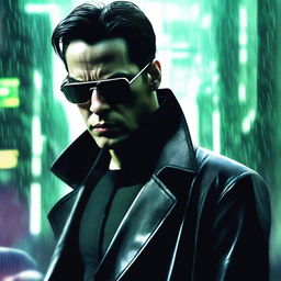 A dynamic and intense portrait of Neo from The Matrix, capturing his iconic look with sunglasses and black trench coat