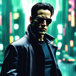 A dynamic and intense portrait of Neo from The Matrix, capturing his iconic look with sunglasses and black trench coat