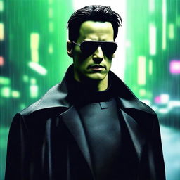 A dynamic and intense portrait of Neo from The Matrix, capturing his iconic look with sunglasses and black trench coat