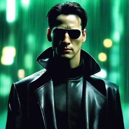 A dynamic and intense portrait of Neo from The Matrix, capturing his iconic look with sunglasses and black trench coat