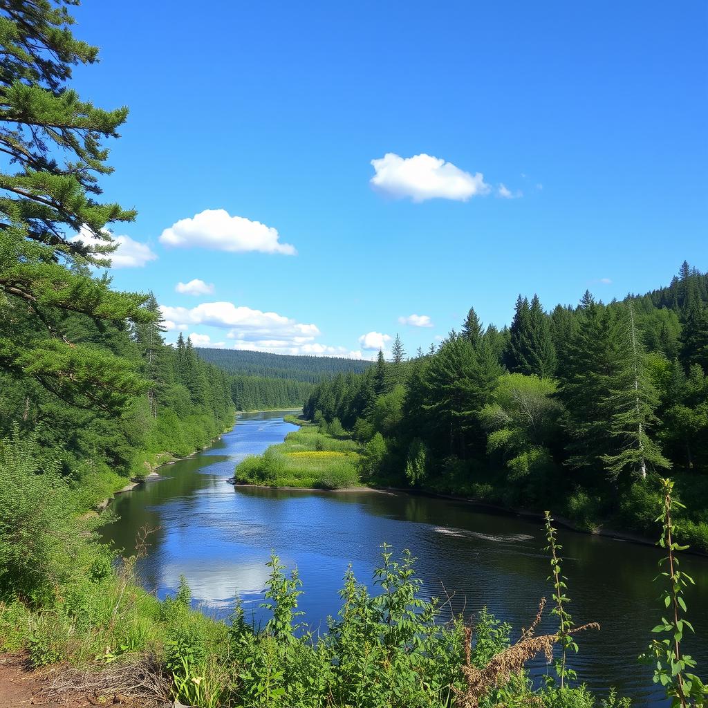 A serene landscape with a calm river flowing through a dense forest