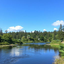 A serene landscape with a calm river flowing through a dense forest