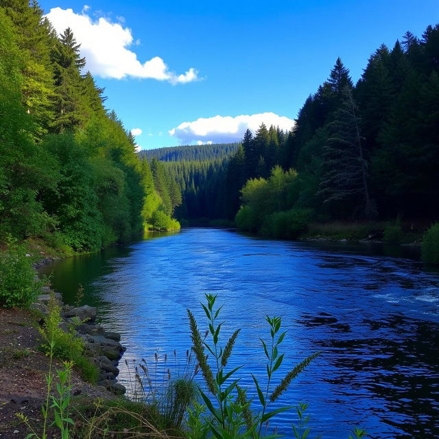 A serene landscape with a calm river flowing through a dense forest