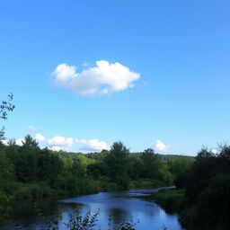 A serene landscape with a calm river flowing through a dense forest