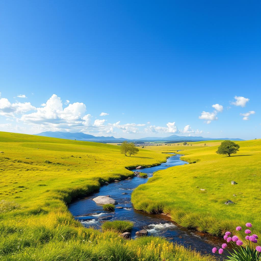 Create an image that is vibrant and colorful, featuring a peaceful landscape with a clear blue sky, green meadows, and a river flowing through