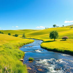 Create an image that is vibrant and colorful, featuring a peaceful landscape with a clear blue sky, green meadows, and a river flowing through