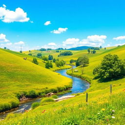 Create an image that is vibrant and colorful, featuring a peaceful landscape with a clear blue sky, green meadows, and a river flowing through