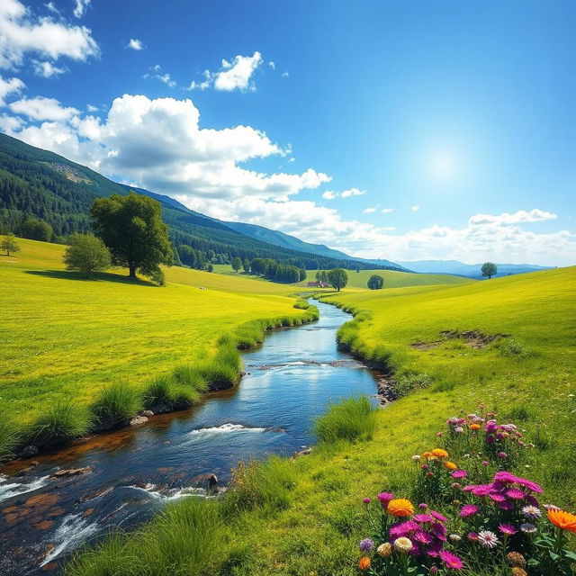 Create an image that is vibrant and colorful, featuring a peaceful landscape with a clear blue sky, green meadows, and a river flowing through