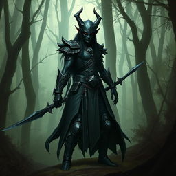 A dark elf, or drow, monster hunter standing in a dense forest