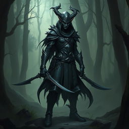 A dark elf, or drow, monster hunter standing in a dense forest