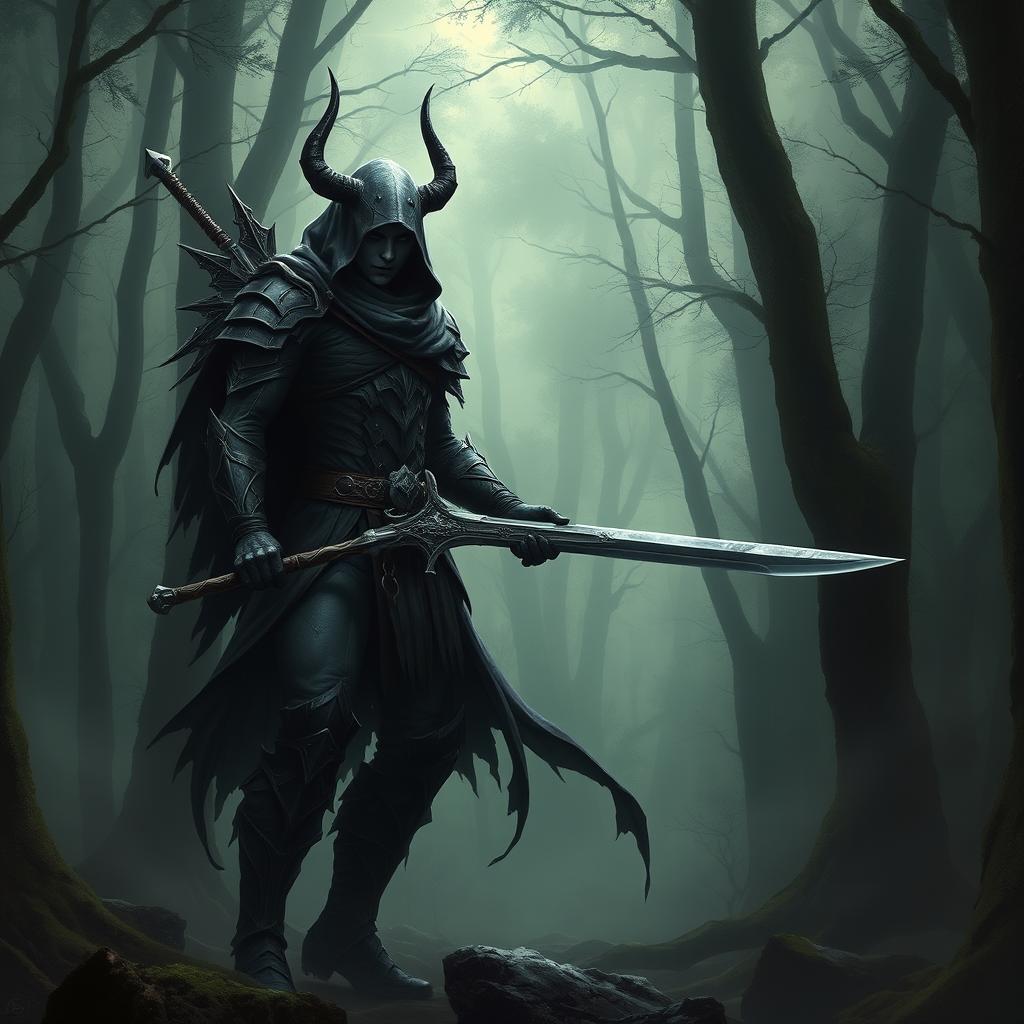 A dark elf, or drow, monster hunter standing in a dense forest