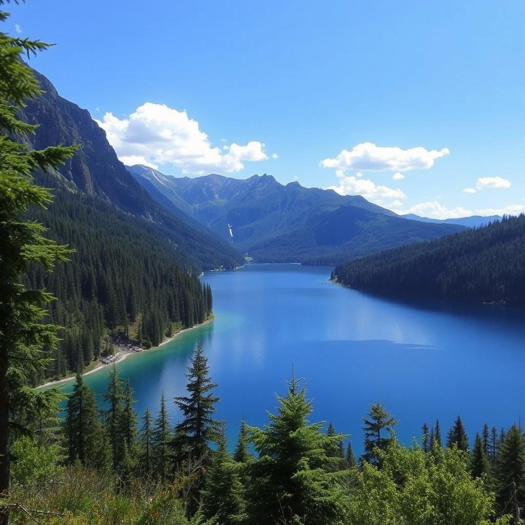 A beautiful landscape featuring a serene lake surrounded by lush green forests and mountains in the background, with a clear blue sky and a few fluffy white clouds