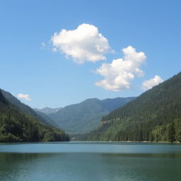 A beautiful landscape featuring a serene lake surrounded by lush green forests and mountains in the background, with a clear blue sky and a few fluffy white clouds