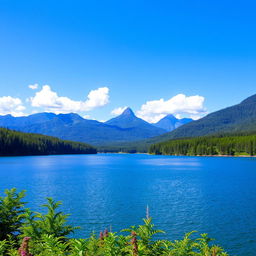 A beautiful landscape featuring a serene lake surrounded by lush green forests and mountains in the background, with a clear blue sky and a few fluffy white clouds