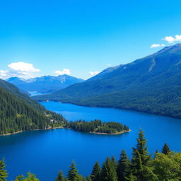 A beautiful landscape featuring a serene lake surrounded by lush green forests and mountains in the background, with a clear blue sky and a few fluffy white clouds