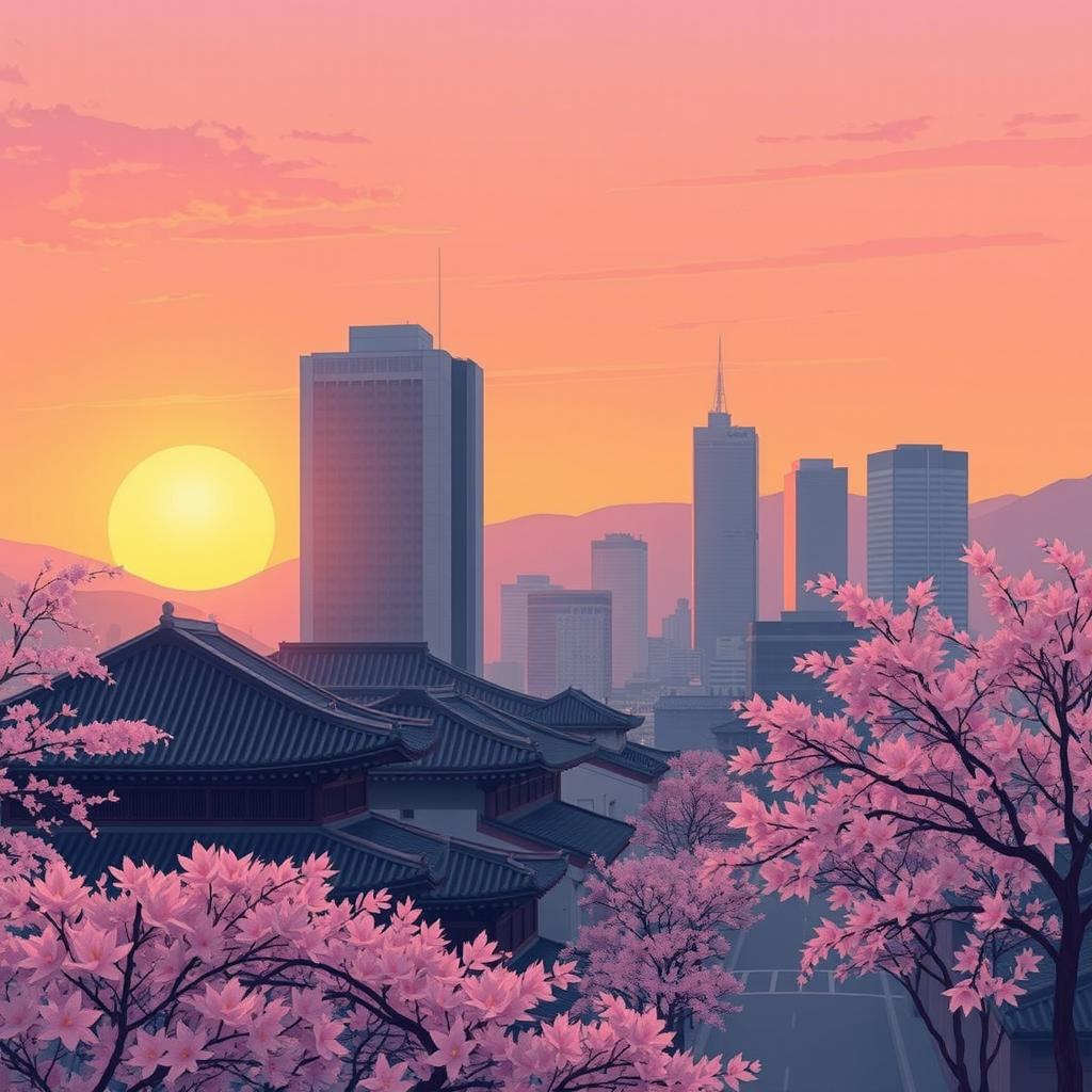 A serene lo-fi scene of Seoul at sunset