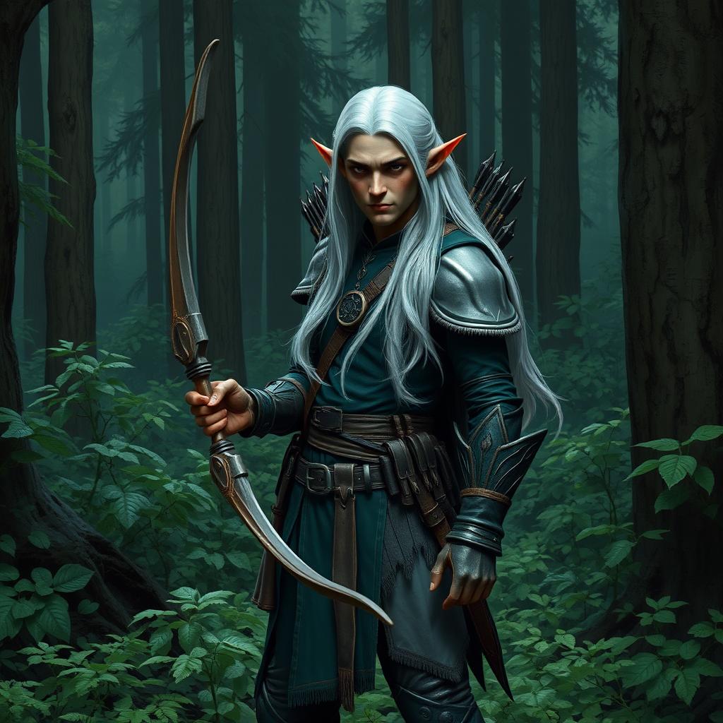 A level 1 dark elf ranger standing in a dense forest