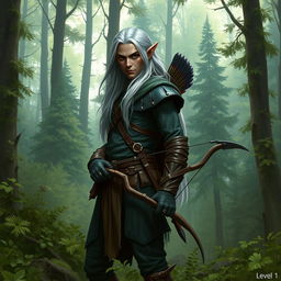 A level 1 dark elf ranger standing in a dense forest