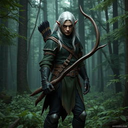 A level 1 dark elf ranger standing in a dense forest