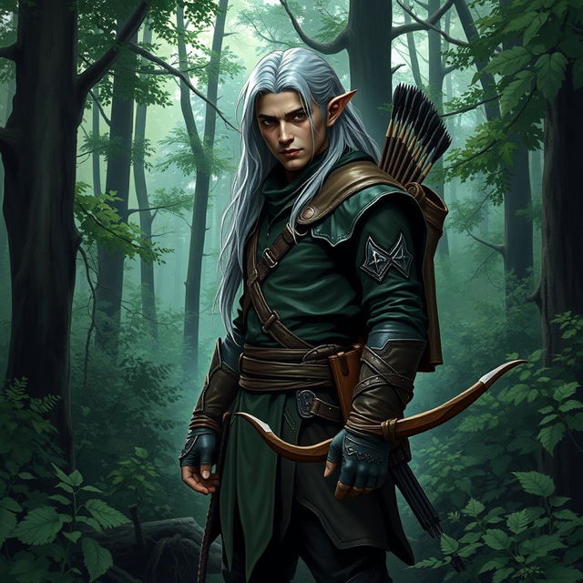 A level 1 dark elf ranger standing in a dense forest