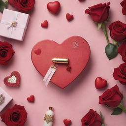 A heartwarmingly romantic image displaying bullet-listed Valentine's Day gifts available at Insia, including items like jewelry, perfumes, chocolates, and love-themed accessories set against a backdrop of roses, hearts or other Valentine's Day imagery.