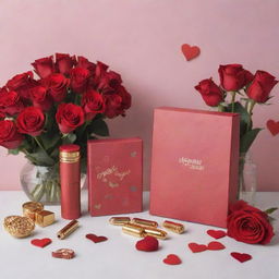 A heartwarmingly romantic image displaying bullet-listed Valentine's Day gifts available at Insia, including items like jewelry, perfumes, chocolates, and love-themed accessories set against a backdrop of roses, hearts or other Valentine's Day imagery.