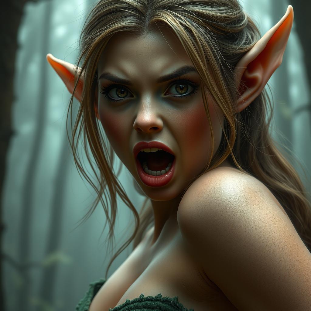 A close-up portrait of an excited and very busty elf woman in a foggy forest, rendered in erotic realism