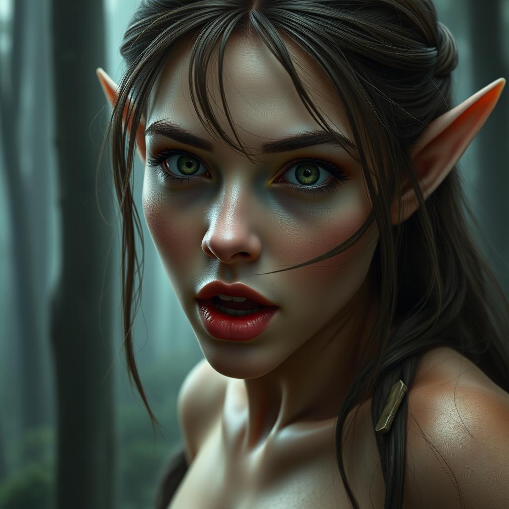 A close-up portrait of an excited and very busty elf woman in a foggy forest, rendered in erotic realism