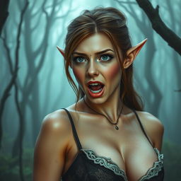 A close-up portrait of an excited and very busty elf woman in a foggy forest, rendered in erotic realism