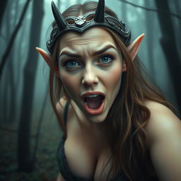 A close-up portrait of an excited and very busty elf woman in a foggy forest, rendered in erotic realism