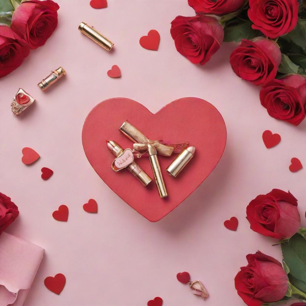 A heartwarmingly romantic image displaying bullet-listed Valentine's Day gifts available at Insia, including items like jewelry, perfumes, chocolates, and love-themed accessories set against a backdrop of roses, hearts or other Valentine's Day imagery.