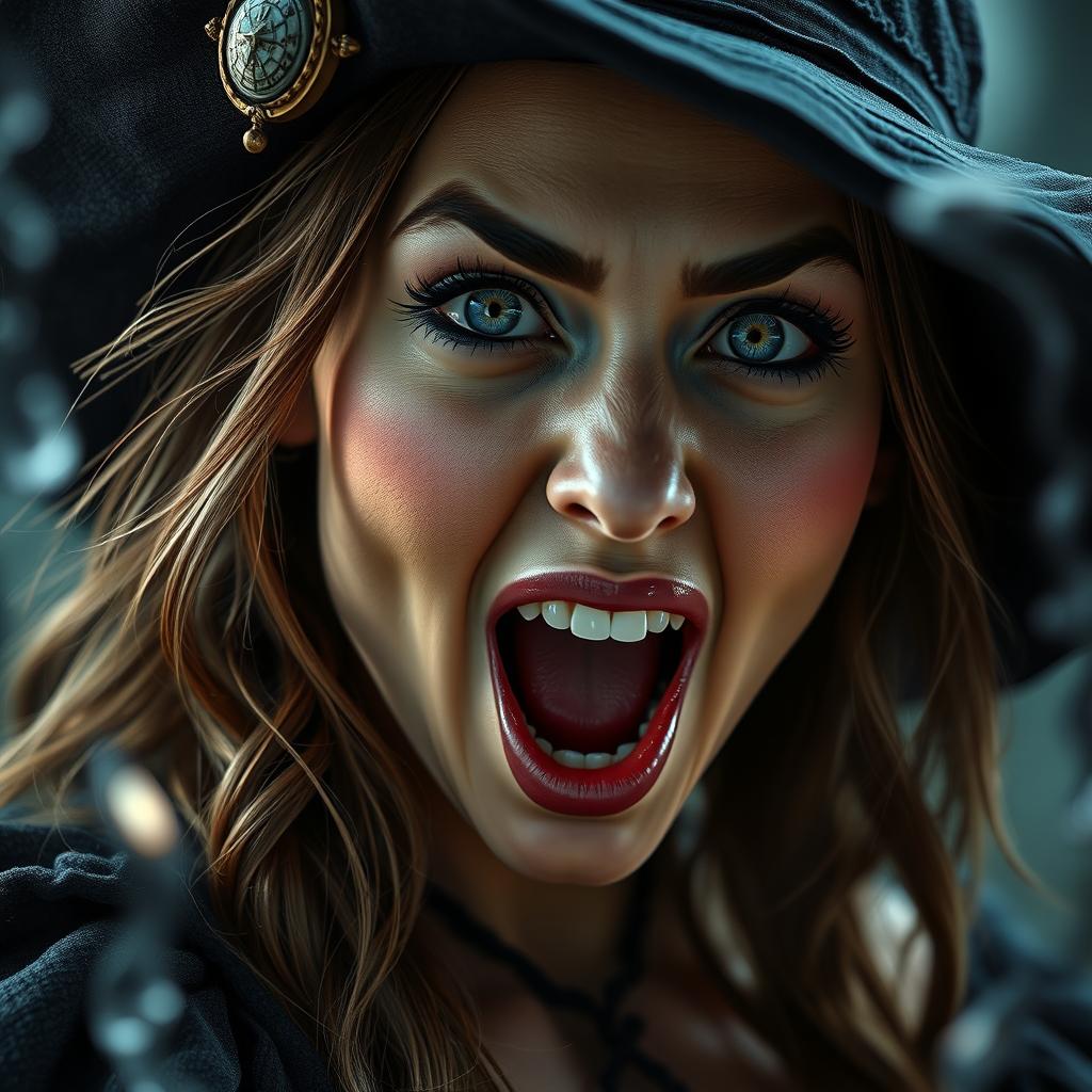 A close-up portrait of an excited and very busty witch, rendered in erotic realism