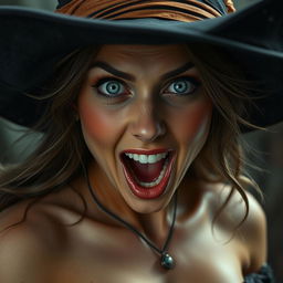 A close-up portrait of an excited and very busty witch, rendered in erotic realism