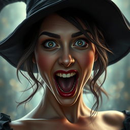 A close-up portrait of an excited and very busty witch, rendered in erotic realism