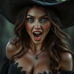 A close-up portrait of an excited and very busty witch, rendered in erotic realism