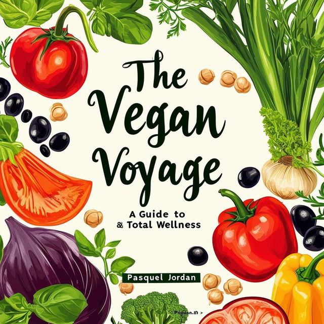 Create a vibrant and inviting printable cookbook cover titled 'The Vegan Voyage: A Guide to Total Wellness' by Pasquel Jordan, featuring fresh, natural colors, illustrations of vegetables, fruits, herbs, black beans, and chickpeas, with an elegant italic font and a clean, modern design