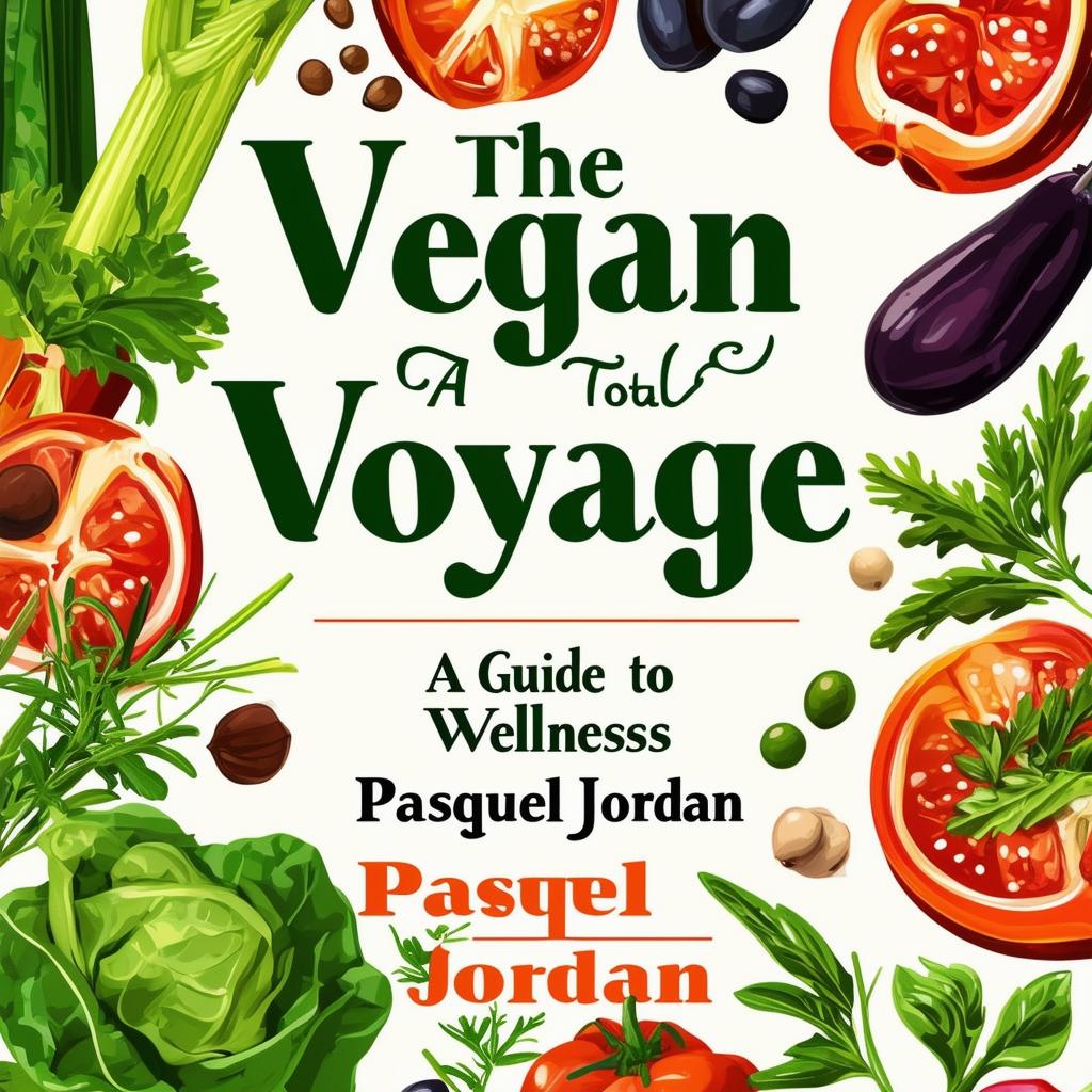 Create a vibrant and inviting printable cookbook cover titled 'The Vegan Voyage: A Guide to Total Wellness' by Pasquel Jordan, featuring fresh, natural colors, illustrations of vegetables, fruits, herbs, black beans, and chickpeas, with an elegant italic font and a clean, modern design