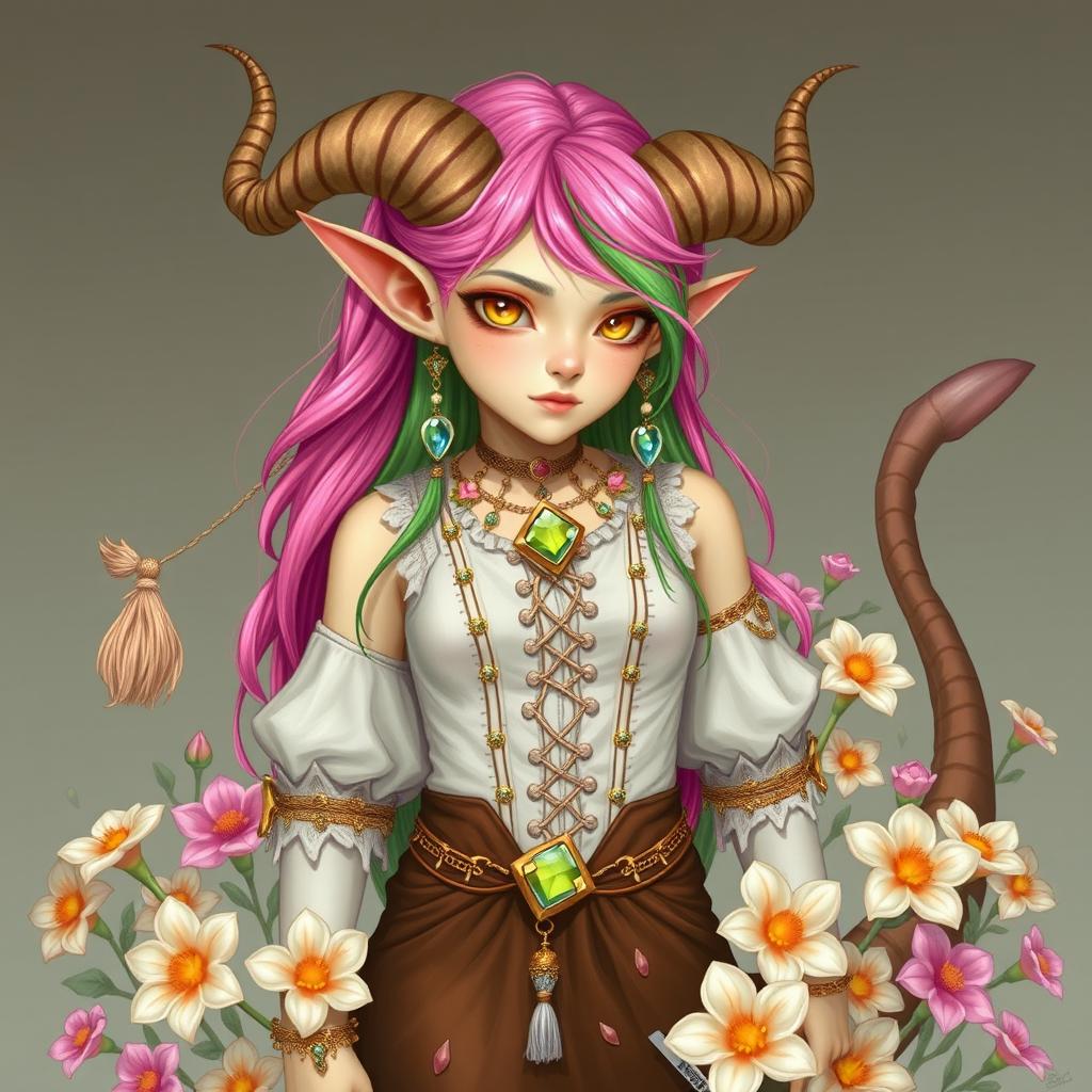 A Tiefling girl with light yellow skin, spiraled horns, long bright pink and green hair, long pointed ears, and yellow cat eyes