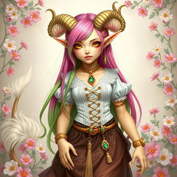 A Tiefling girl with light yellow skin, spiraled horns, long bright pink and green hair, long pointed ears, and yellow cat eyes