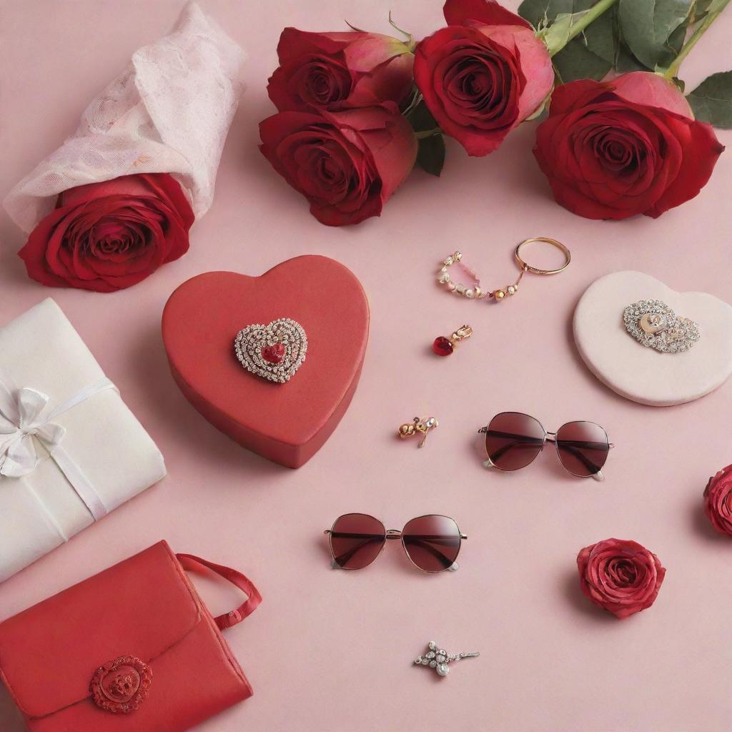 A romantic image showcasing a bullet-listed Valentine's Day gift selection from Insia. The featured products—jewelry, scarves, bags, and sunglasses—are arrayed amidst traditional Valentine's Day motifs like roses, hearts, or soft candlelight.