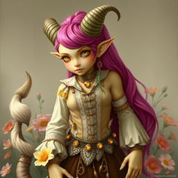 A Tiefling girl with light yellow skin, spiraled horns, long bright pink and green hair, long pointed ears, and yellow cat eyes