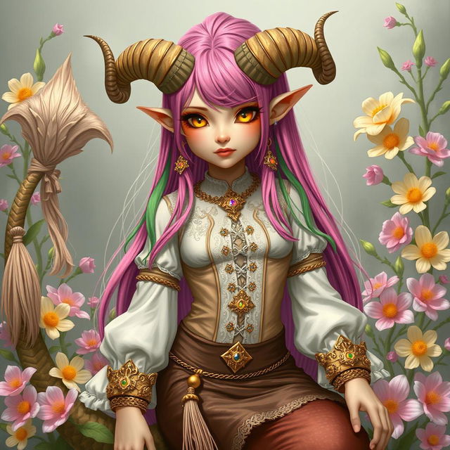 A Tiefling girl with light yellow skin, spiraled horns, long bright pink and green hair, long pointed ears, and yellow cat eyes