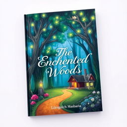 A whimsical and enchanting story book cover featuring a magical forest with towering trees, sparkling fairy lights, and a winding path leading to a cozy cottage