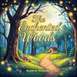 A whimsical and enchanting story book cover featuring a magical forest with towering trees, sparkling fairy lights, and a winding path leading to a cozy cottage