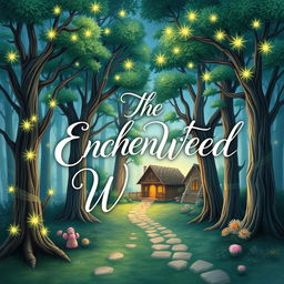 A whimsical and enchanting story book cover featuring a magical forest with towering trees, sparkling fairy lights, and a winding path leading to a cozy cottage