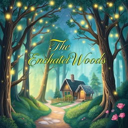 A whimsical and enchanting story book cover featuring a magical forest with towering trees, sparkling fairy lights, and a winding path leading to a cozy cottage