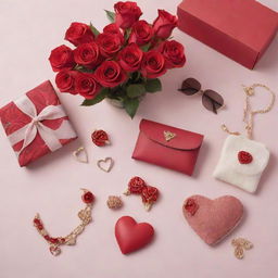 A romantic image showcasing a bullet-listed Valentine's Day gift selection from Insia. The featured products—jewelry, scarves, bags, and sunglasses—are arrayed amidst traditional Valentine's Day motifs like roses, hearts, or soft candlelight.